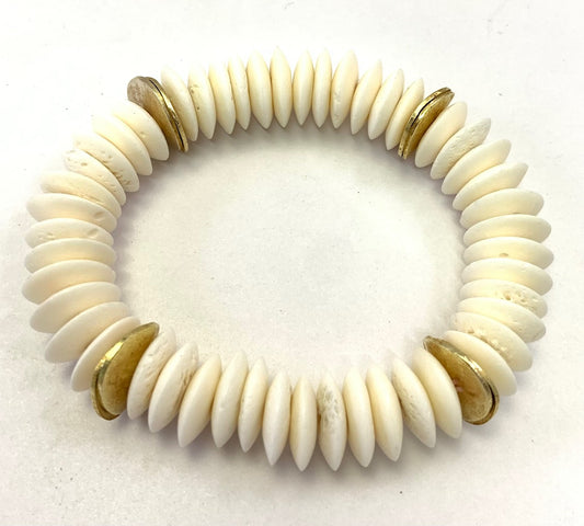 White bone bead with gold metal disc bracelet
