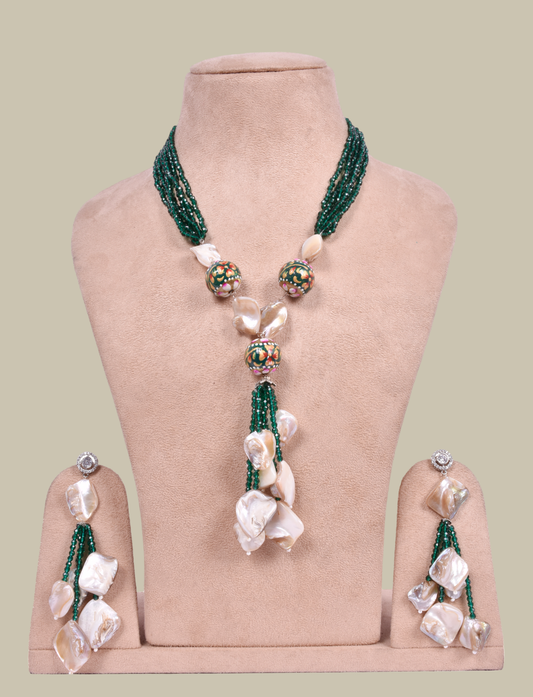 Mala Necklace fusion with dark green water beads
