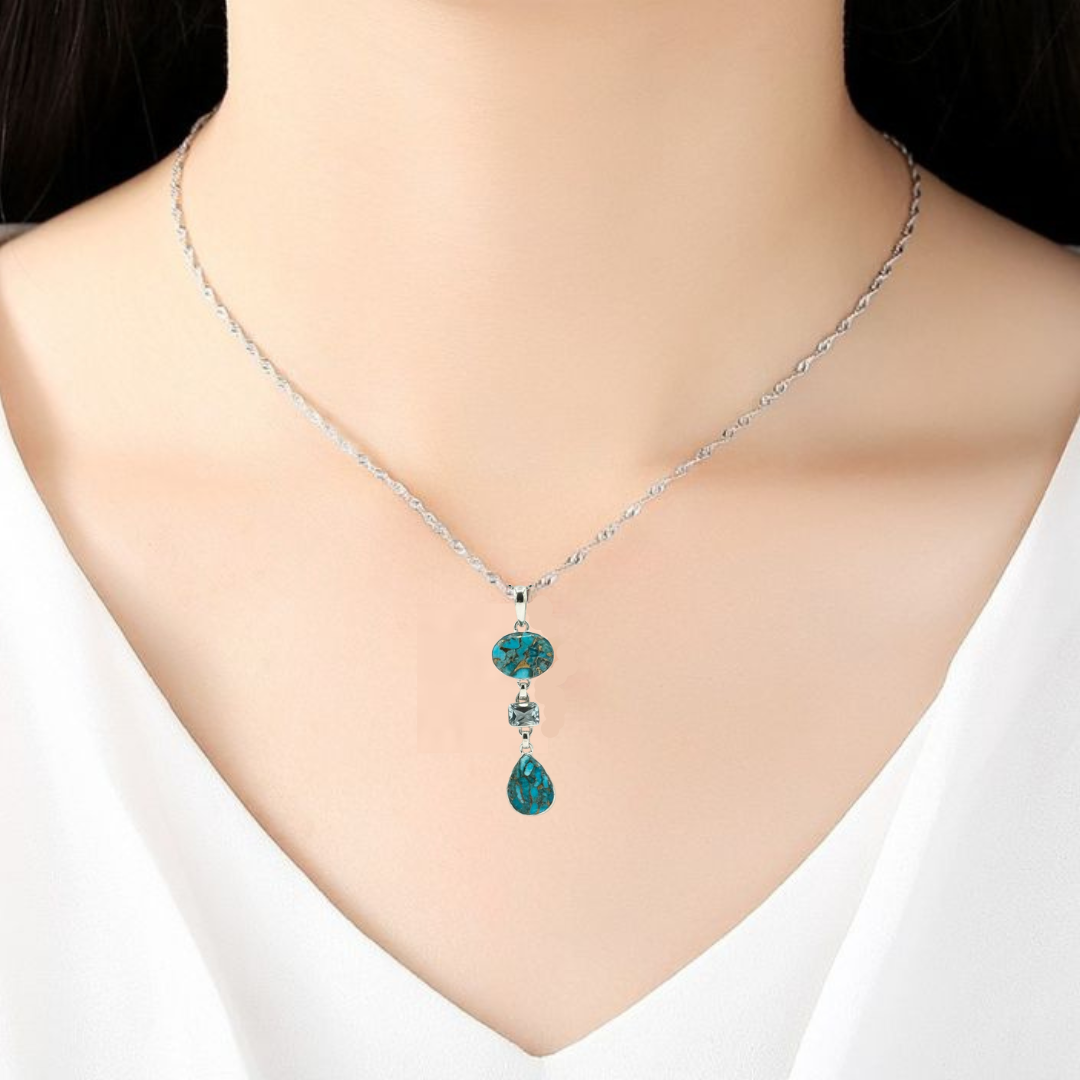 Blue Copper Turquoise -Blue Topaz Cut .925 Sterling Silver Rhodium Plated