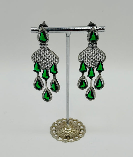 Chandelier Earrings  with green semi-precious stones and small zircon white stones
