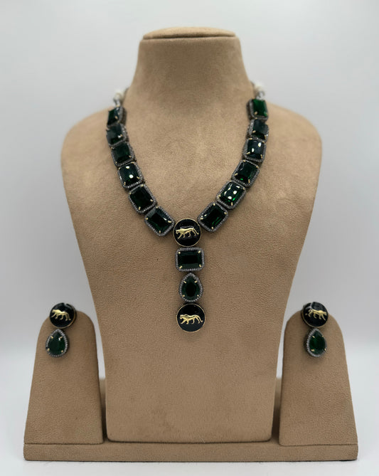Green Stone American Diamond Necklace With Brass Copper Polish