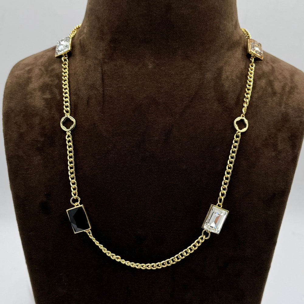 Swarovski Jet Crystal Brass 4 Stone Long Necklace in Light Gold.