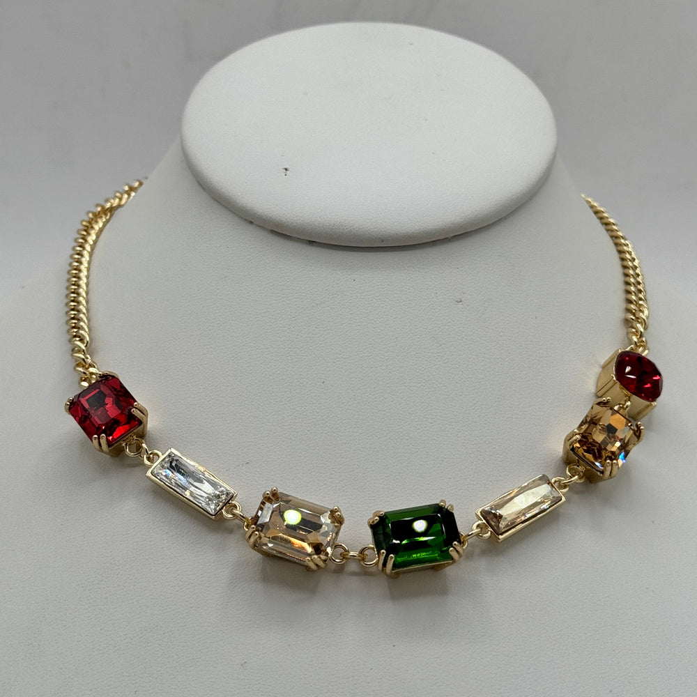 7 Stone Swarovski Crystal Statement Choker Pendant Necklace in Lt Gold Finish