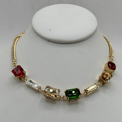 7 Stone Swarovski Crystal Statement Choker Pendant Necklace in Lt Gold Finish