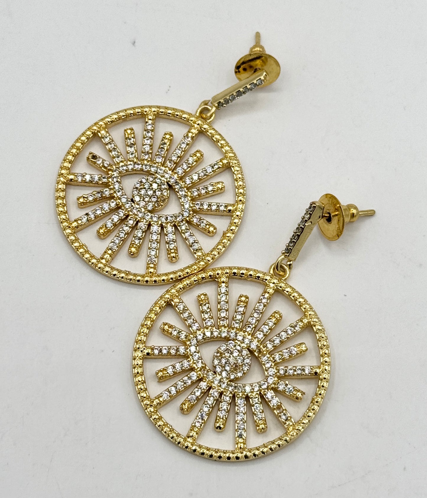 18K Gold Finish Large Evil Eye Brass Metal CZ Earrings