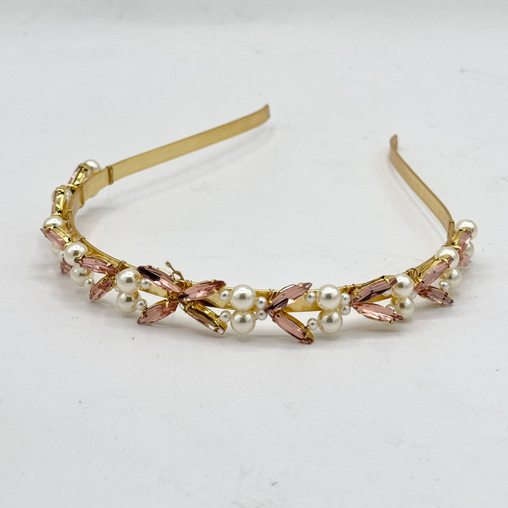 Ivory Pearl and Crystal Rhinestone Hair Band in Light Gold Finish