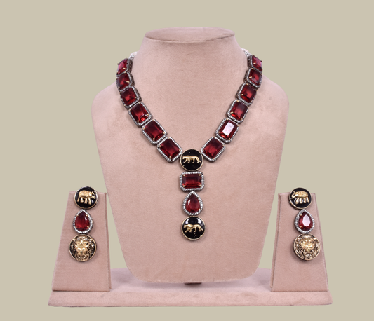American Diamond Necklace with Ruby stone and Brass copper Polish