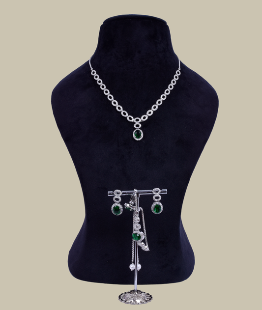 American diamond necklace paired with earrings, free size ring and bracelet