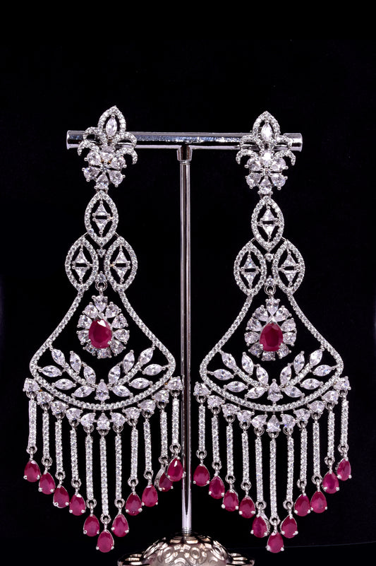 Chandelier Earrings  with ruby semi-precious stones and small zircon white stones